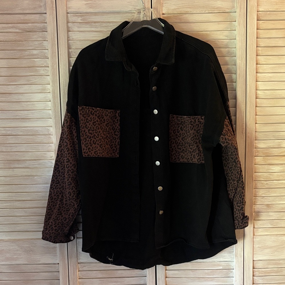Cheetah Print Black Denim Jacket
